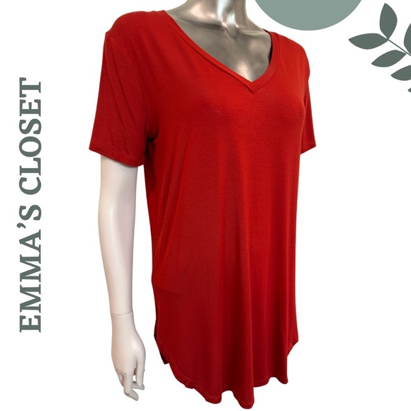 Emma’s Closet Tomato Red V-Neck Tunic T-Shirt Short Sleeve Rayon Blend Small - Picture 3 of 6